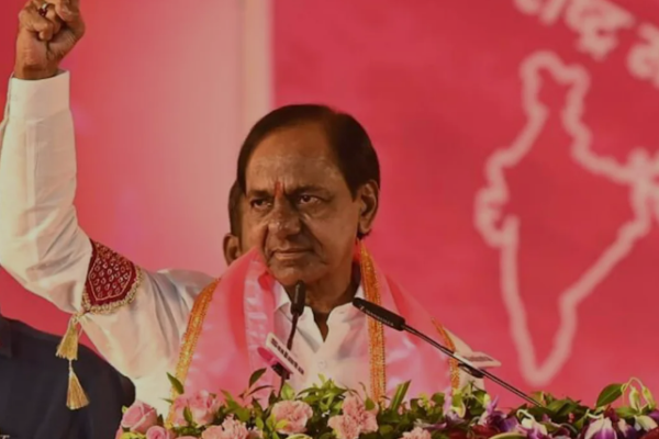 Former Telangana chief minister K Chandrashekar Rao during at a public rally near Marriguda village in Nalgonda district.