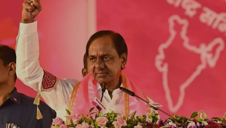 Former Telangana chief minister K Chandrashekar Rao during at a public rally near Marriguda village in Nalgonda district.